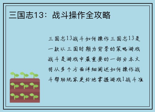三国志13：战斗操作全攻略